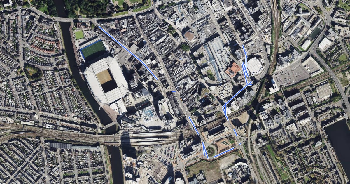 Маршрут City Centre Hub (proposed) на спутниковом снимке