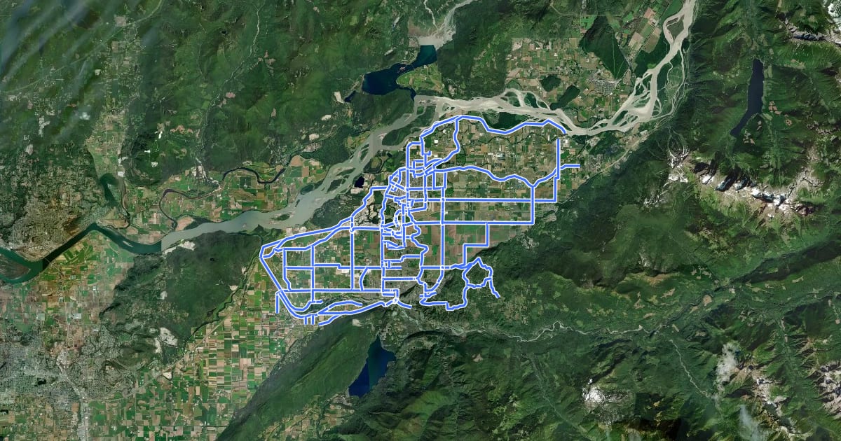 Маршрут City of Chilliwack Bike Route Network на спутниковом снимке