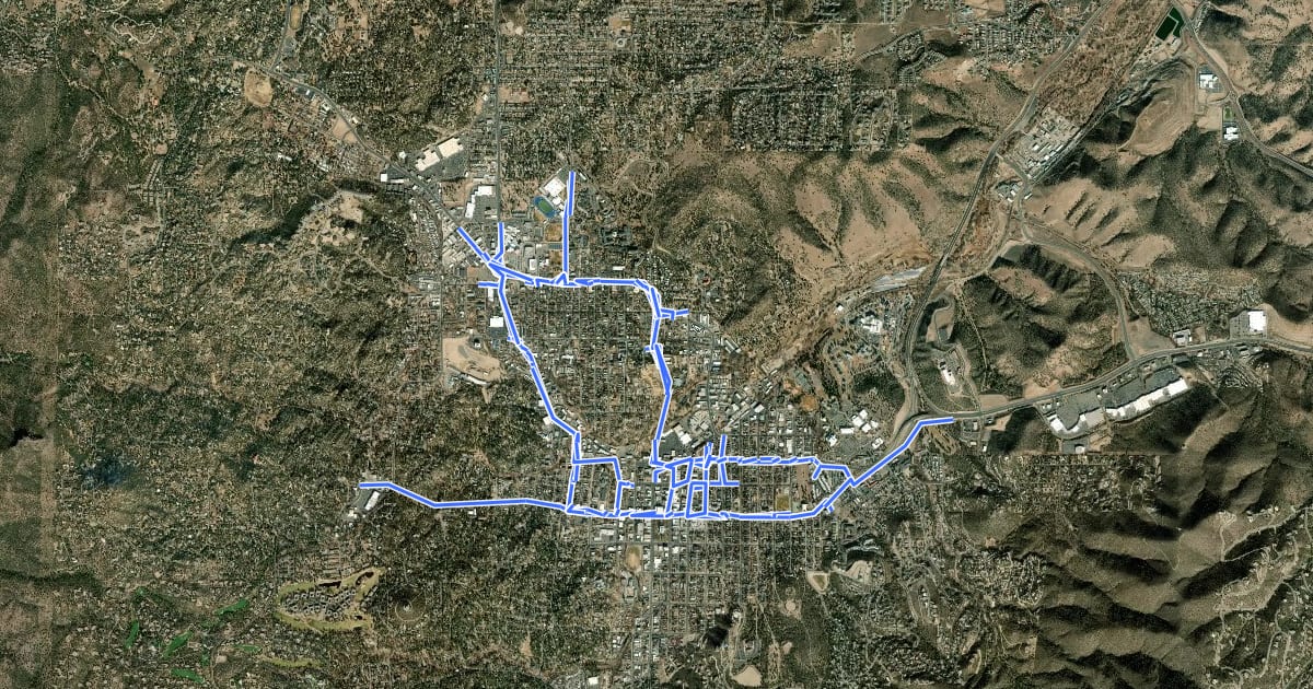 Маршрут City of Prescott Pedestrian and Promenade Network 1 {CoPPPN1} на спутниковом снимке