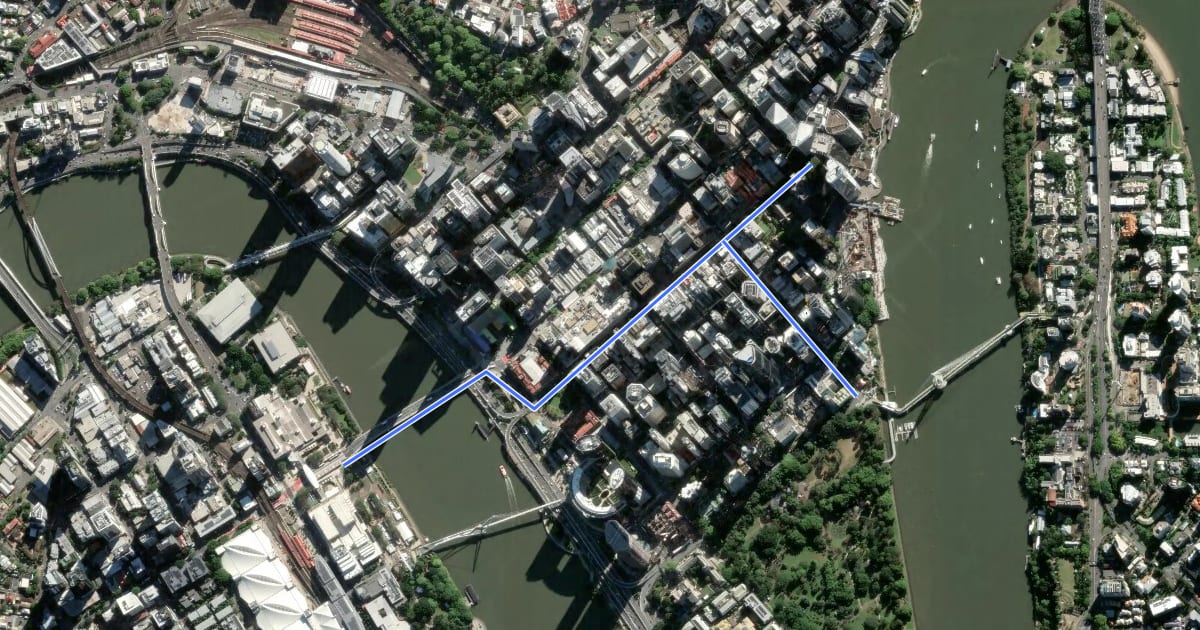 Маршрут CityLink Cycleway на спутниковом снимке