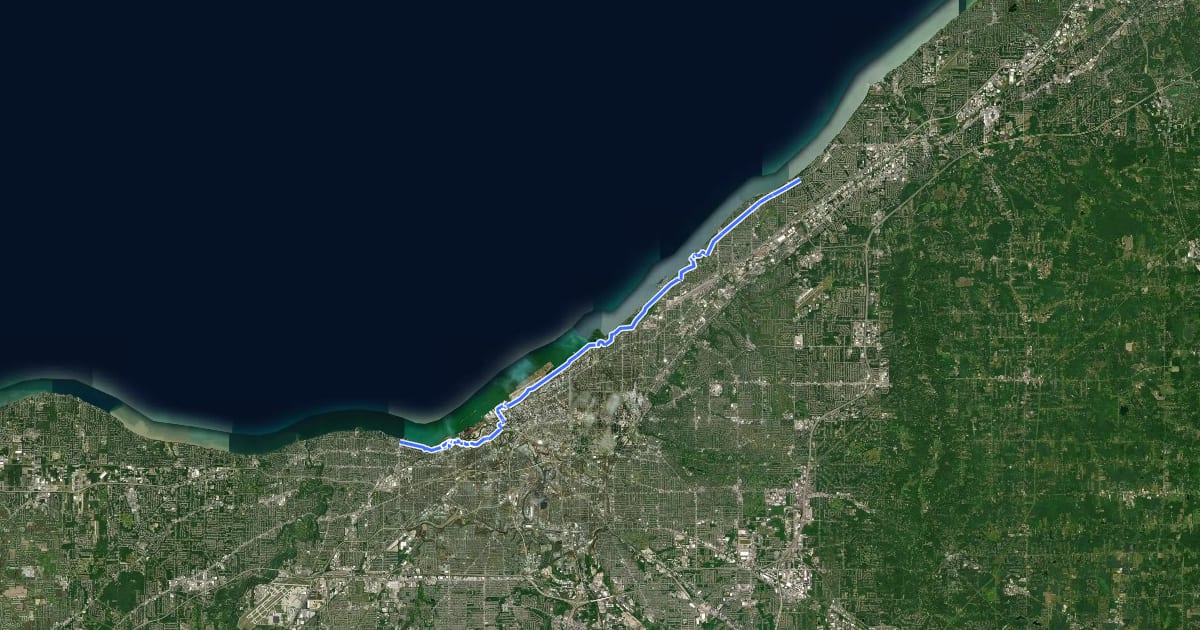 Маршрут Cleveland Lakefront Bikeway на спутниковом снимке