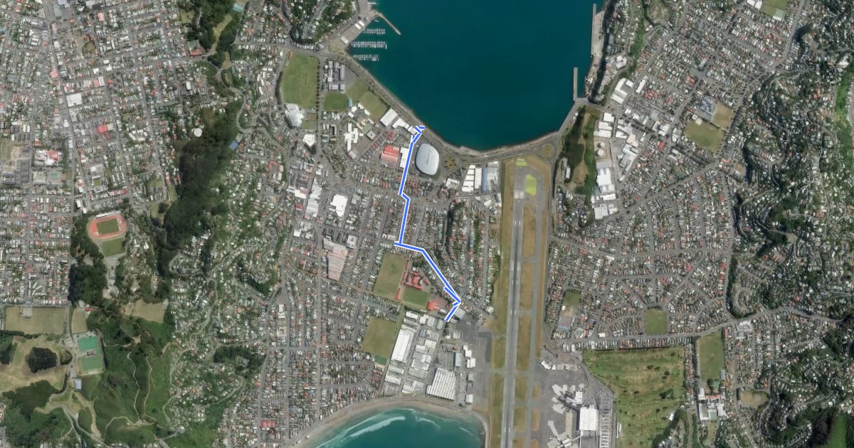 Маршрут Cobham Dr to Rongotai Cycleway на спутниковом снимке