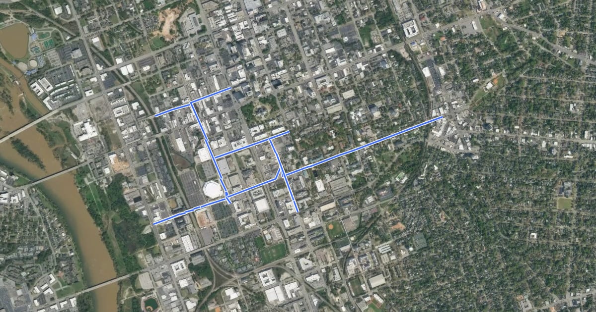 Маршрут Columbia Downtown Bicycle Network на спутниковом снимке