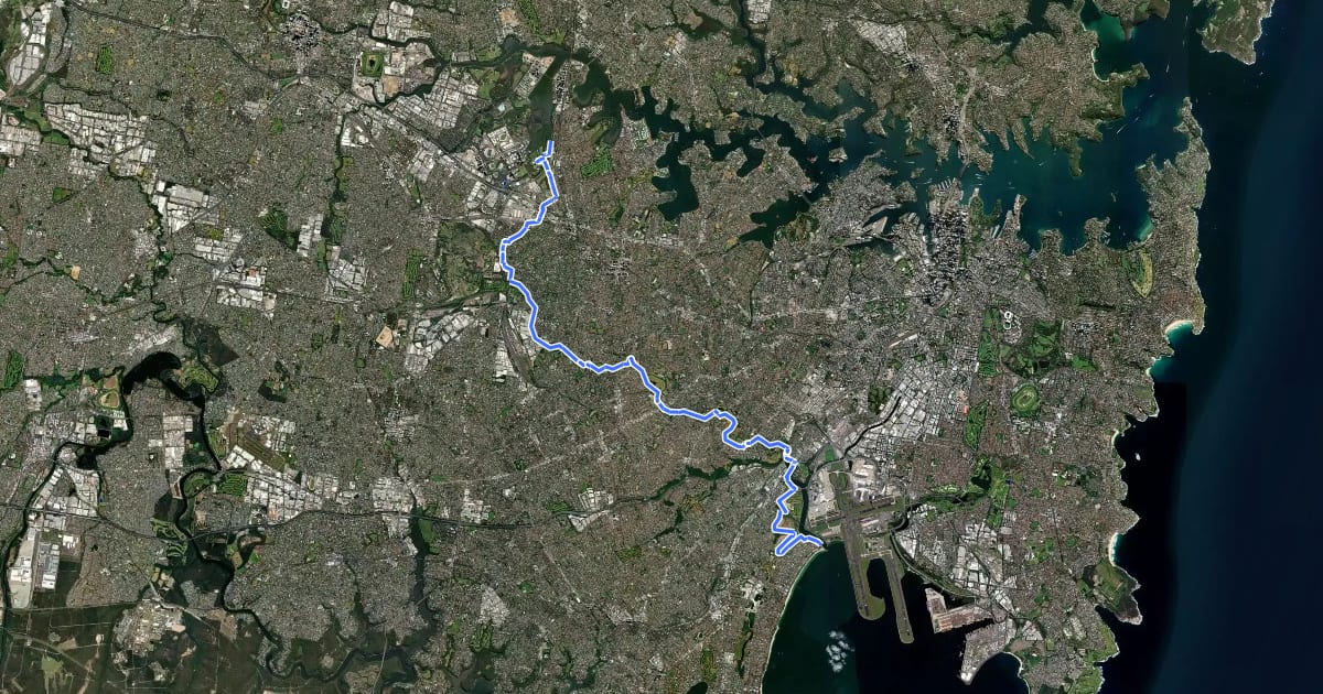 Маршрут Cooks River Cycleway на спутниковом снимке