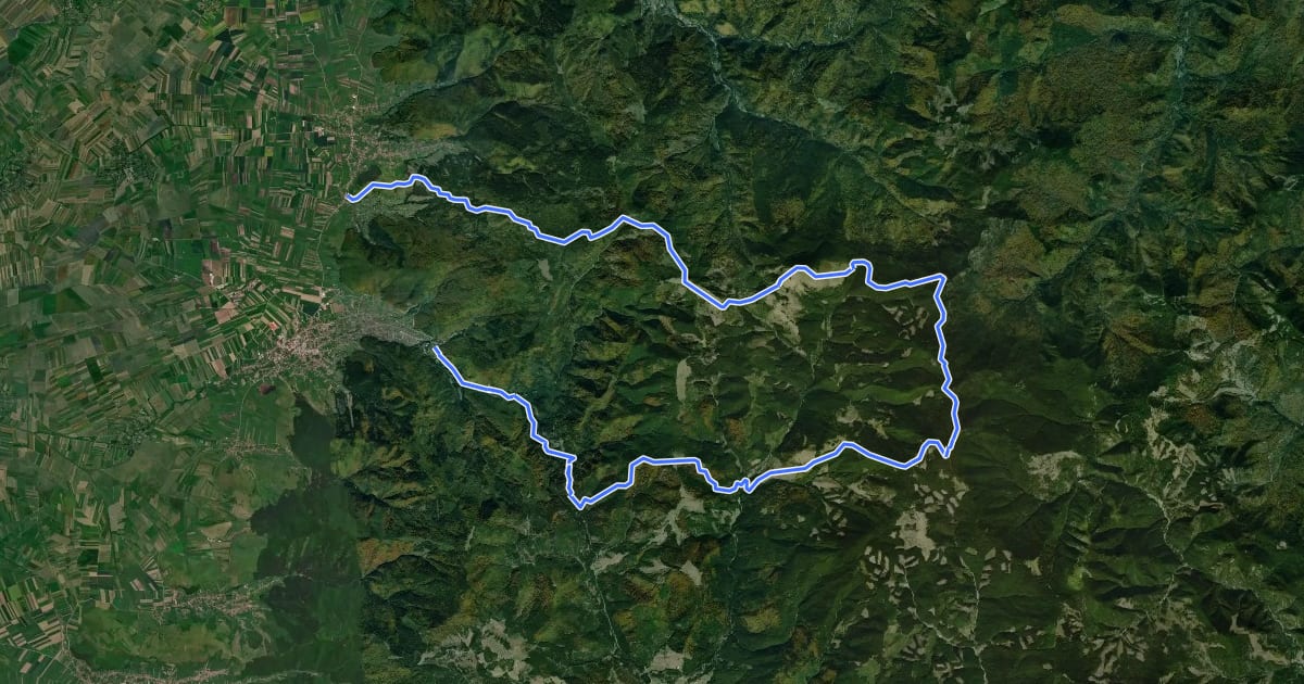 Маршрут Covasna – Pilișul Covasnei – Vf. Lăcăuți – Poiana Butuci – Vârful Zîrna – sub Vârful Tistobic – Zăbala (blue dot) на спутниковом снимке
