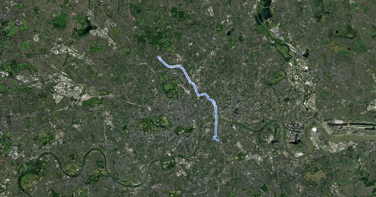 Маршрут Cycleway 6 на спутниковом снимке