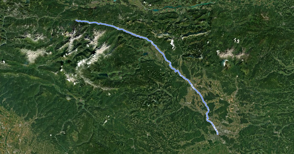 Маршрут D2 Rateče-Jesenice-Kranj-Ljubljana на спутниковом снимке