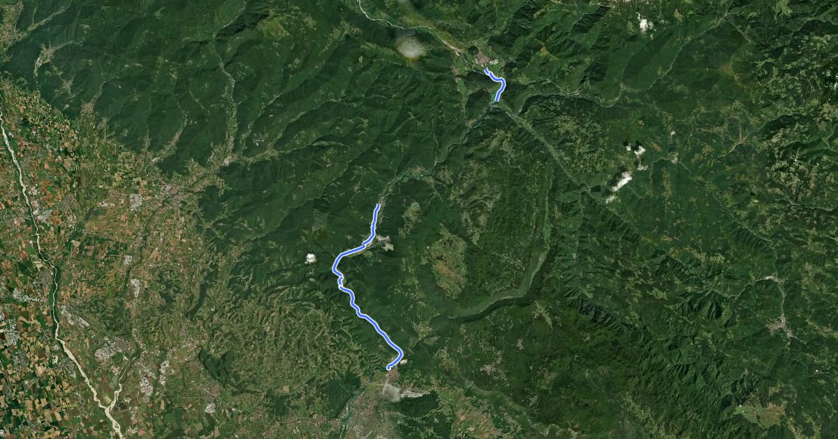 Маршрут D7 (Robič-Kobarid-Most na Soči-Nova Gorica-Komen-Divača-Ilirska Bistrica- Jelšane) на спутниковом снимке