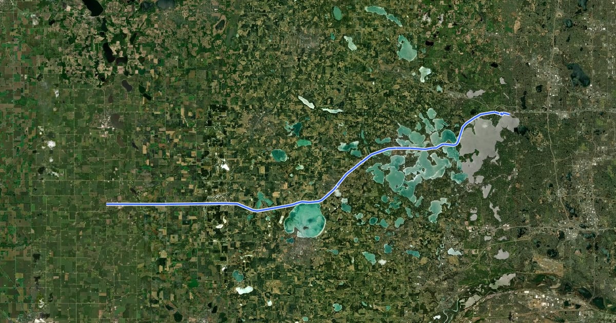 Маршрут Dakota Rail Regional Trail на спутниковом снимке