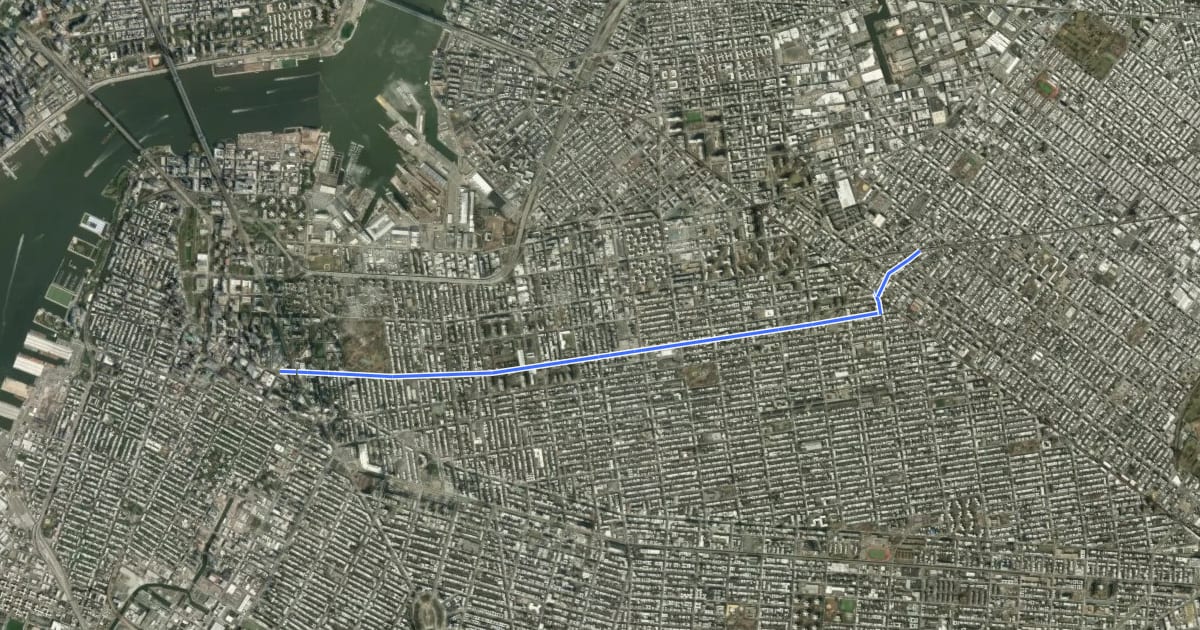 Маршрут DeKalb Avenue/Hart Street на спутниковом снимке