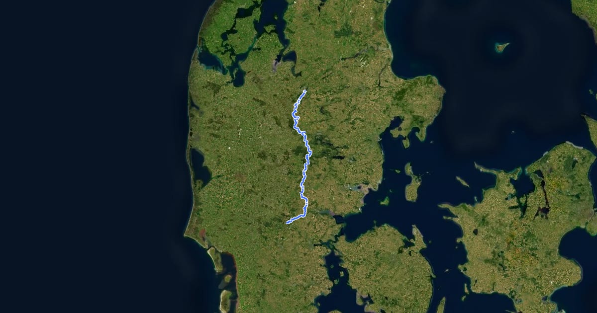 Маршрут Den danske Pilgrimsrute - Midtjylland на спутниковом снимке