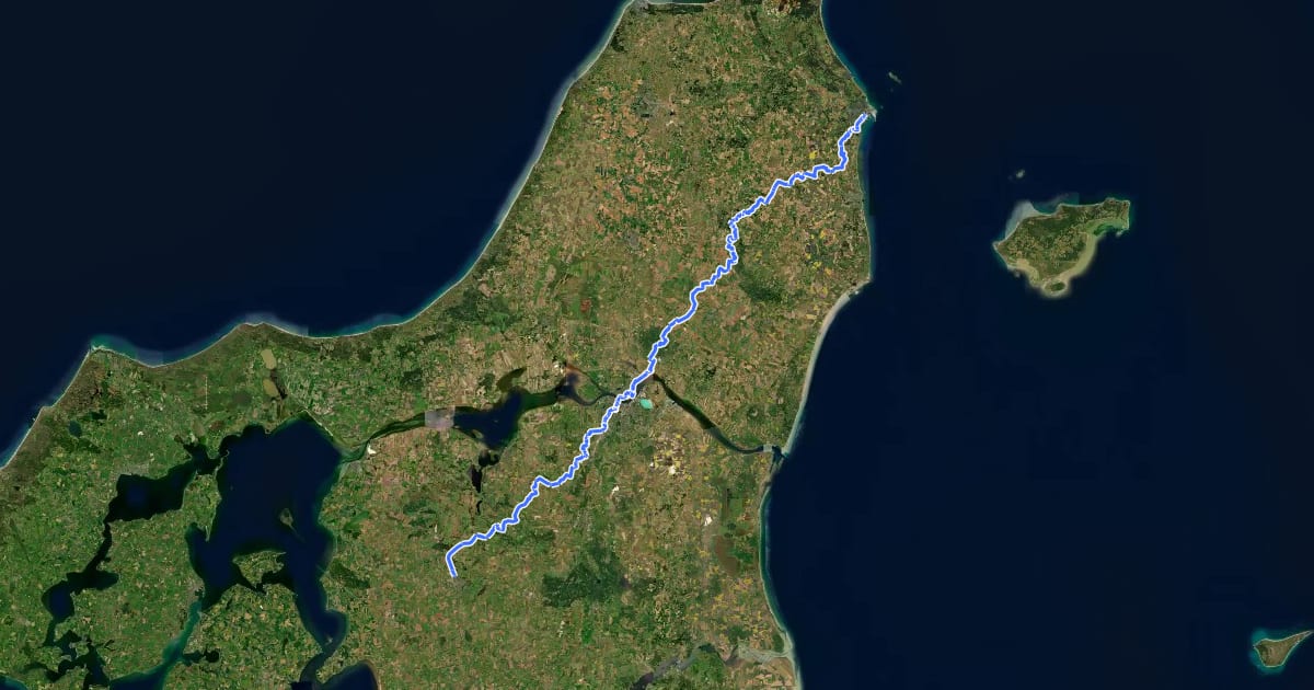 Маршрут Den danske Pilgrimsrute- Nordjylland Øst на спутниковом снимке