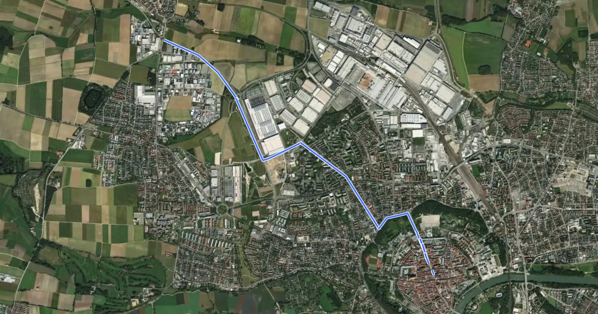 Маршрут Donau-Altmühl Radweg на спутниковом снимке