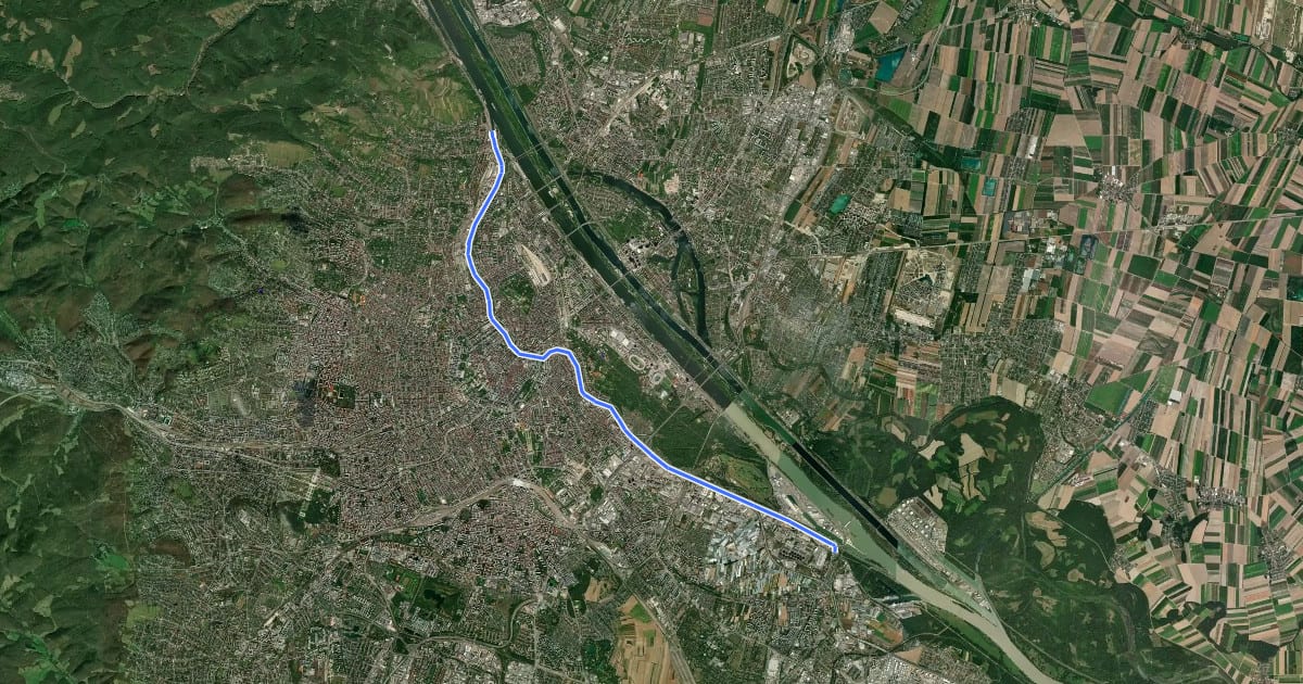 Маршрут Donaukanalradweg на спутниковом снимке