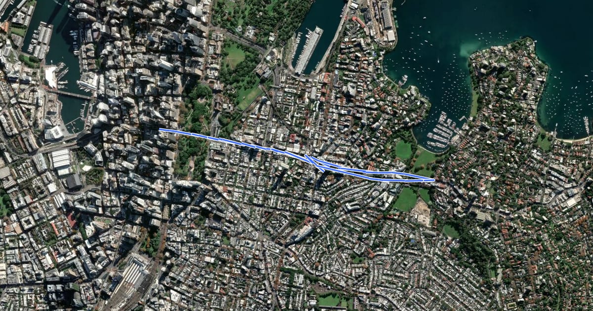 Маршрут Double Bay - Kings Cross - City Centre - Pyrmont на спутниковом снимке