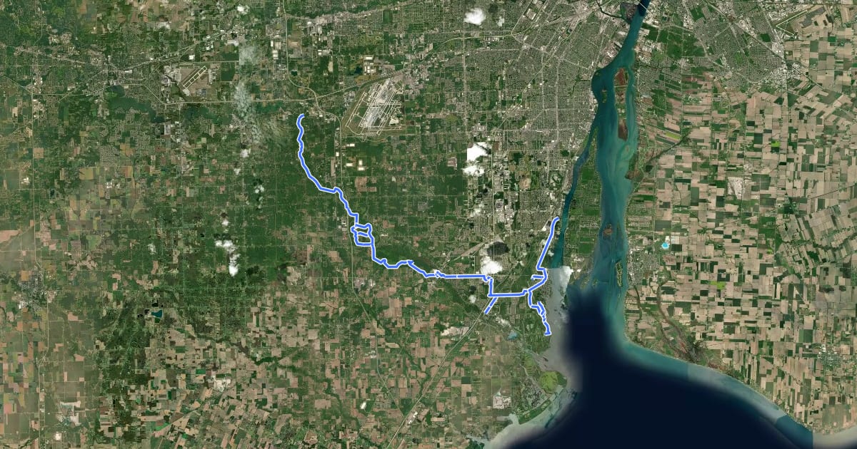 Маршрут Downriver Linked Greenways на спутниковом снимке