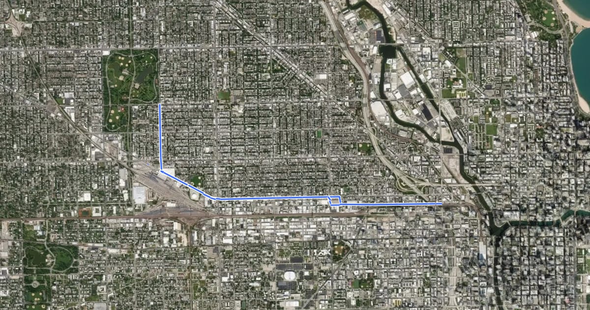 Маршрут Downtown - Damer Avenue - Humboldt Park на спутниковом снимке