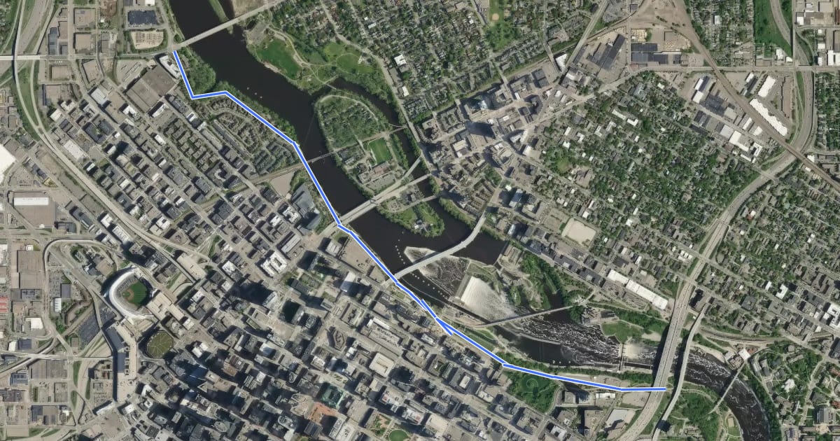 Маршрут Downtown Riverfront Byway District на спутниковом снимке