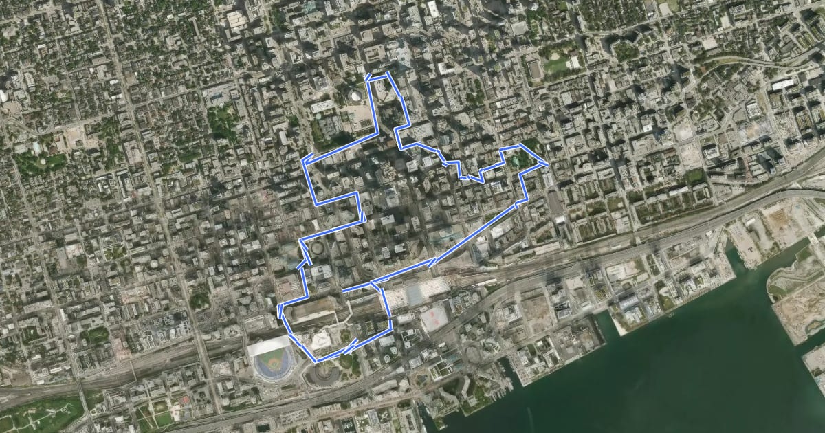 Маршрут Downtown Toronto Discovery Walk на спутниковом снимке