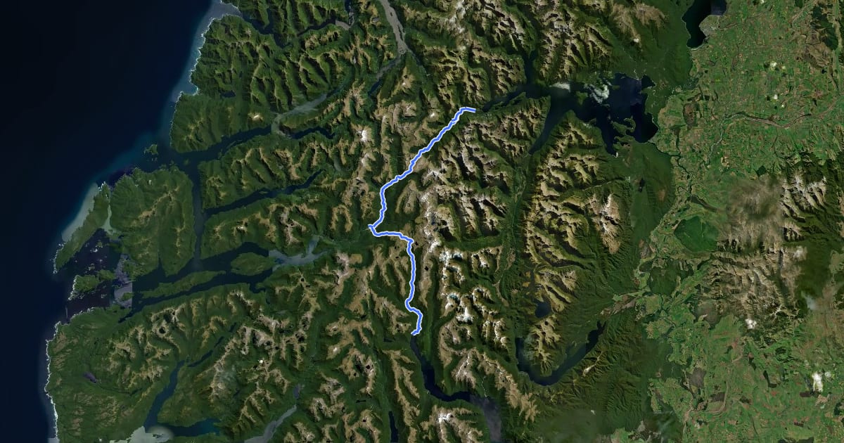 Маршрут Dusky Track - Hauroko Burn Hut to West Arm Hut на спутниковом снимке