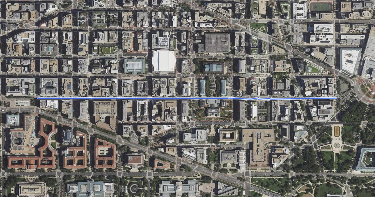 Маршрут E Street Northwest на спутниковом снимке