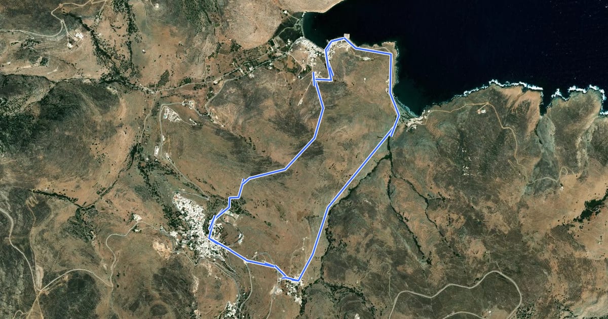Маршрут E2 Pyrgos-Panormos-Rochari-Platia-Pyrgos на спутниковом снимке