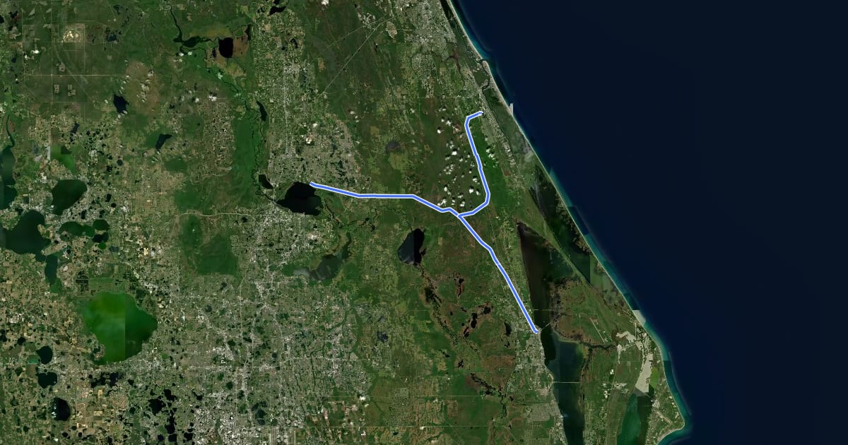 Маршрут East Central Regional Rail Trail на спутниковом снимке