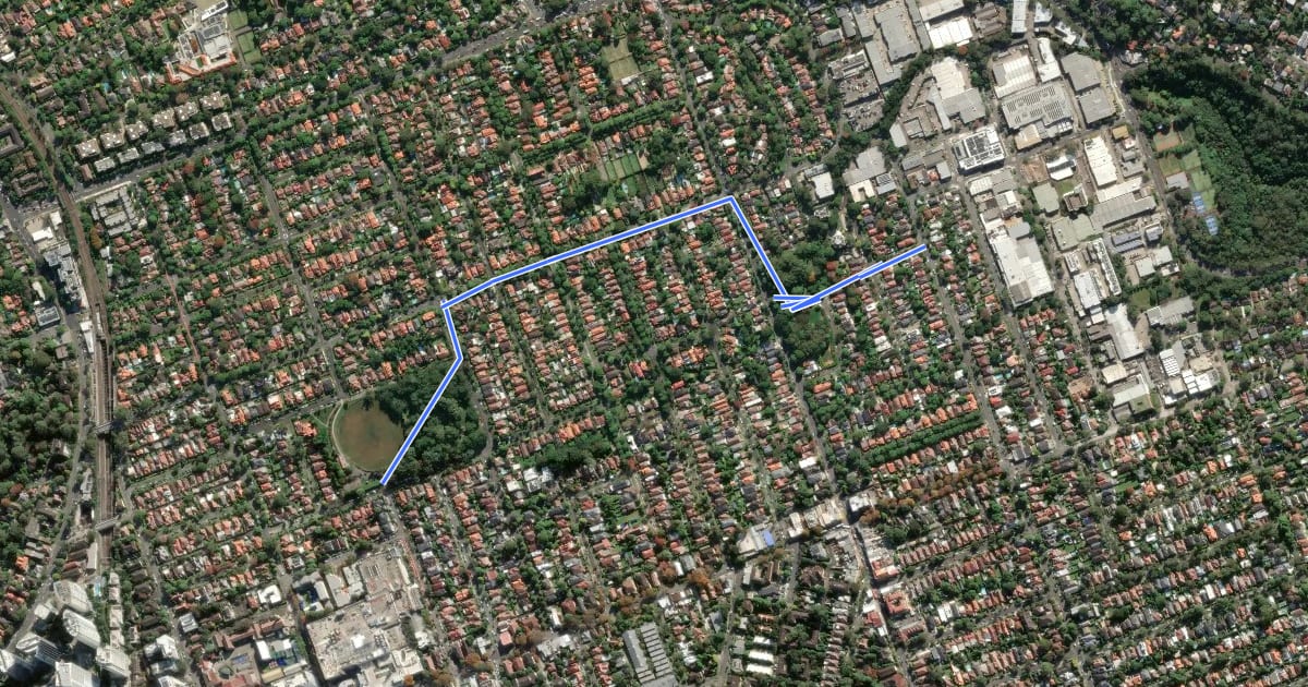 Маршрут East Chatswood to Chatswood CBD на спутниковом снимке