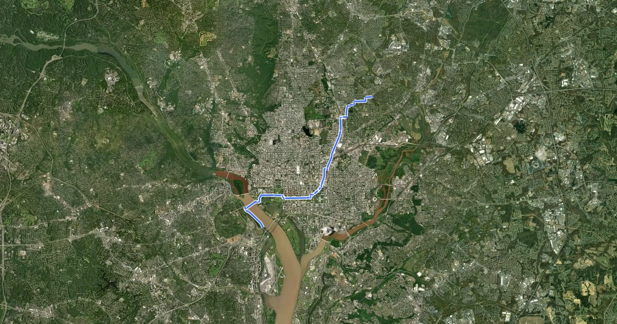 Маршрут East Coast Greenway (DC) на спутниковом снимке