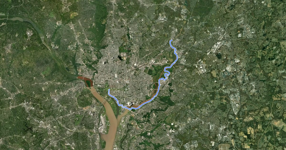 Маршрут East Coast Greenway (DC/MD Anacostia Alternative) на спутниковом снимке