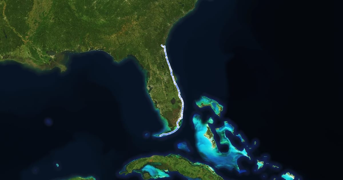 Маршрут East Coast Greenway (FL) на спутниковом снимке
