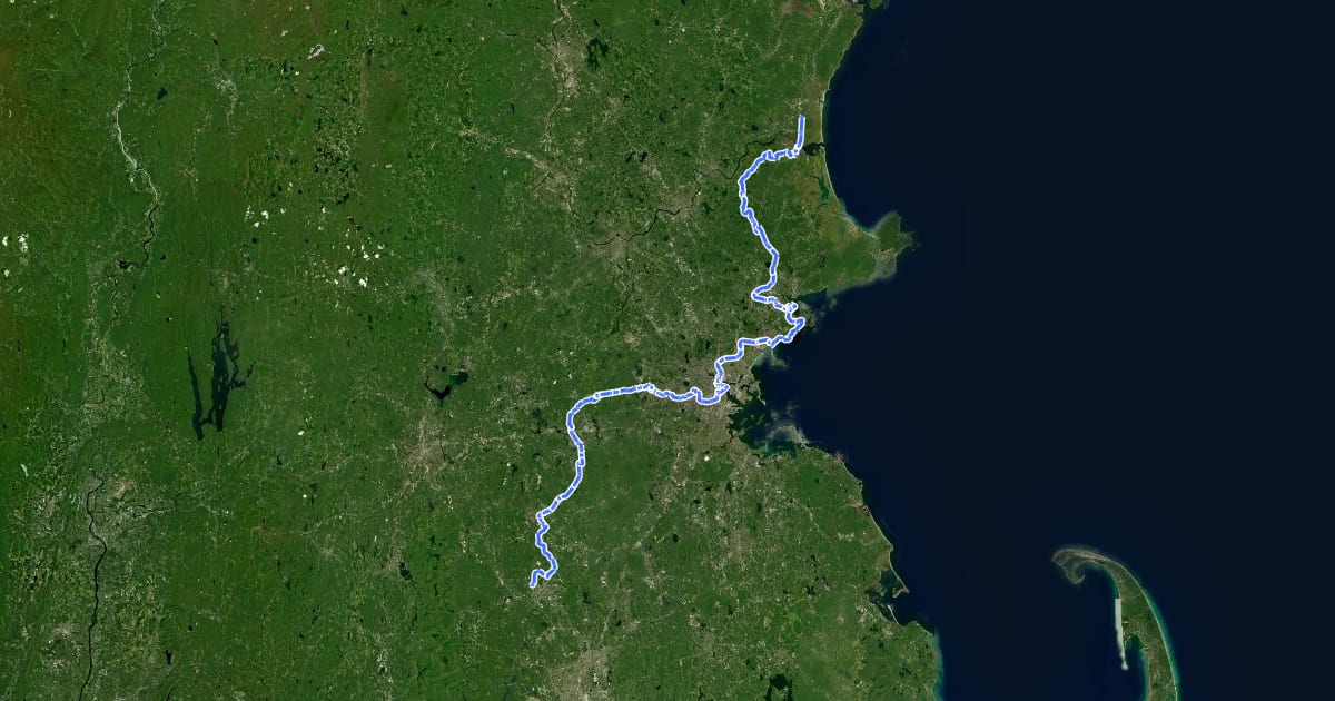 Маршрут East Coast Greenway (MA) на спутниковом снимке