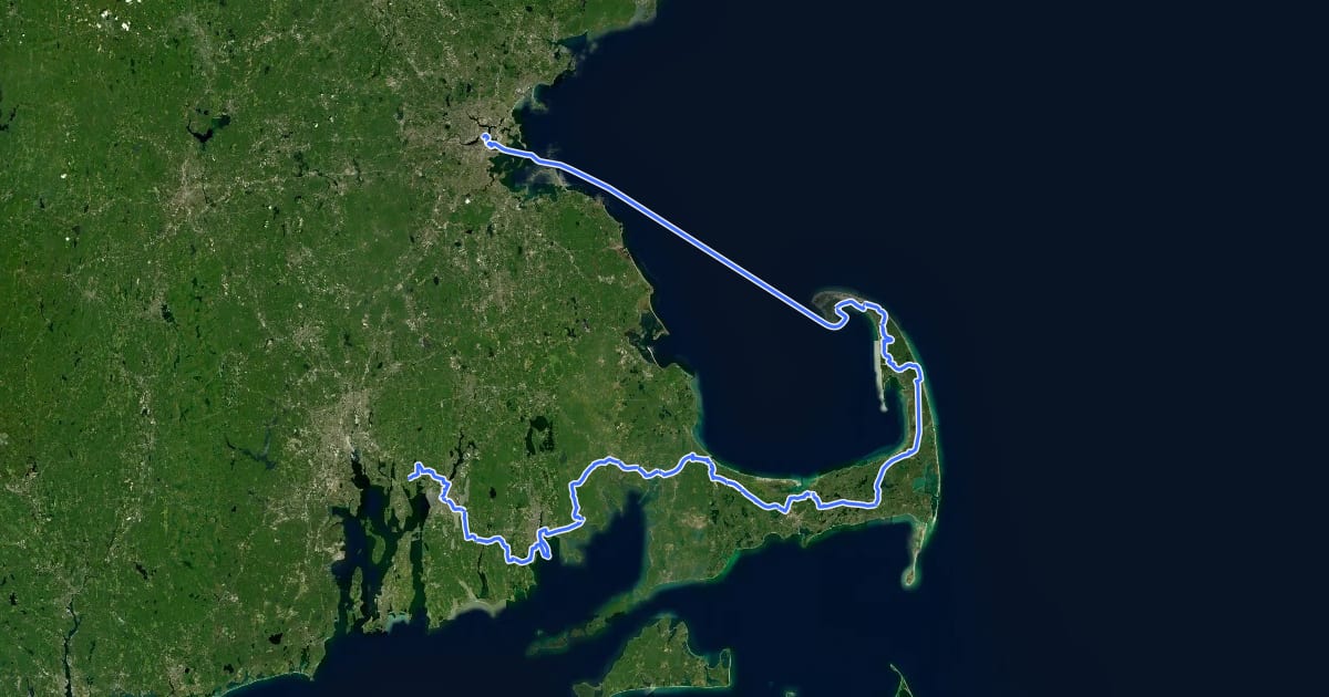 Маршрут East Coast Greenway (MA complementary Cape Cod route) на спутниковом снимке