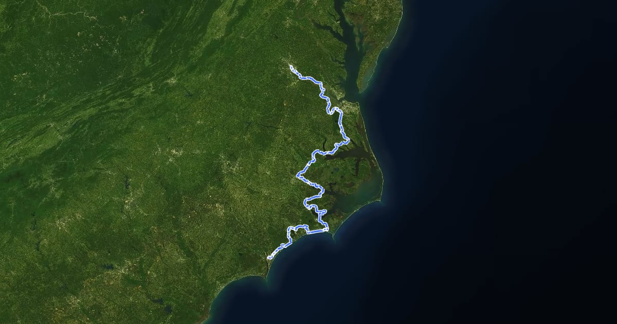 Маршрут East Coast Greenway (NC/VA complementary route) на спутниковом снимке