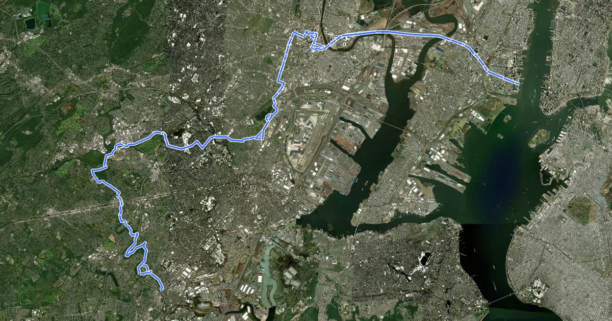 Маршрут East Coast Greenway (NJ complementary Newark to Rahway route) на спутниковом снимке