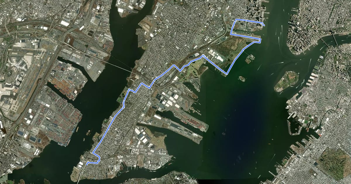 Маршрут East Coast Greenway (NJ North) на спутниковом снимке