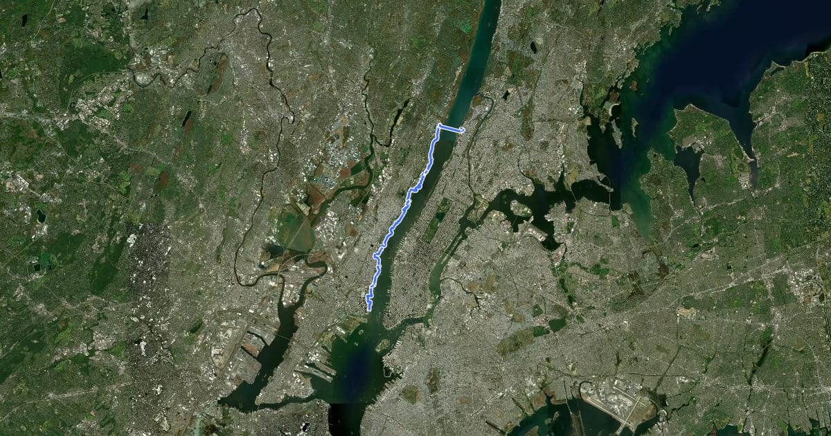 Маршрут East Coast Greenway (NJ/NY complementary) на спутниковом снимке