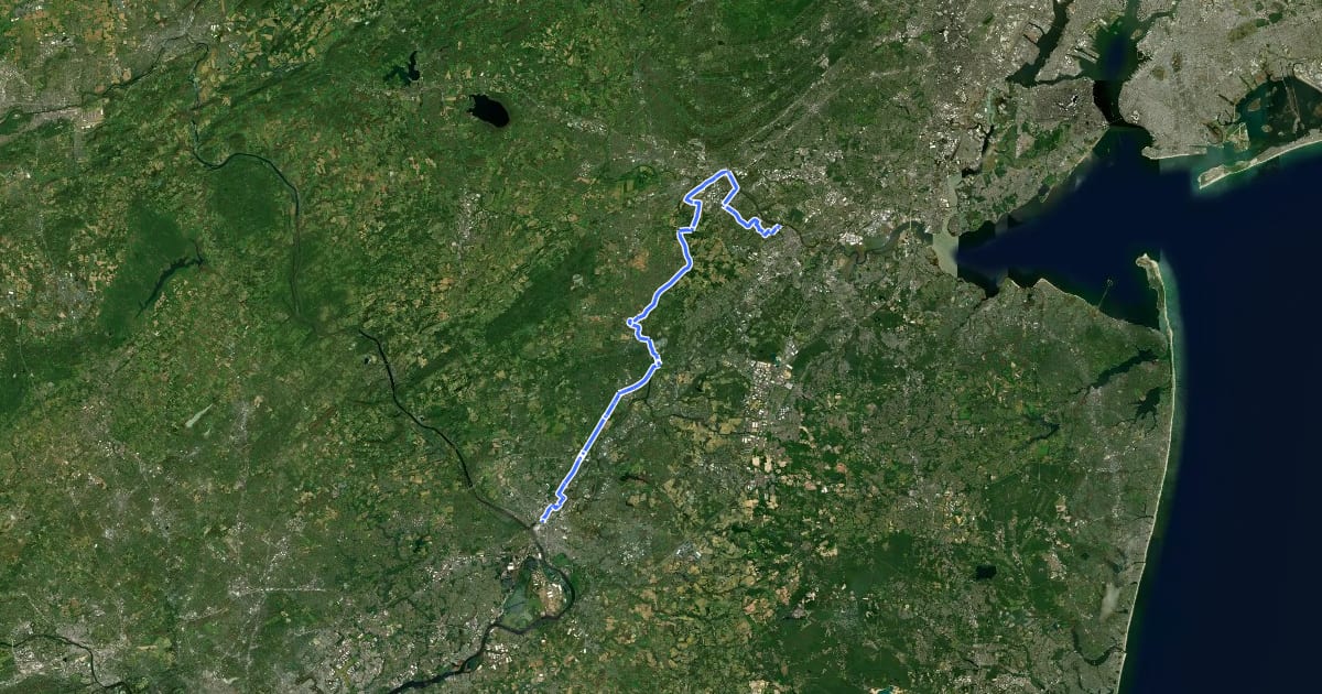 Маршрут East Coast Greenway (NJ on-road alternate) на спутниковом снимке
