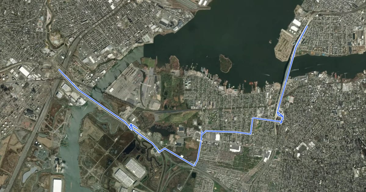 Маршрут East Coast Greenway (NY Staten Island) на спутниковом снимке
