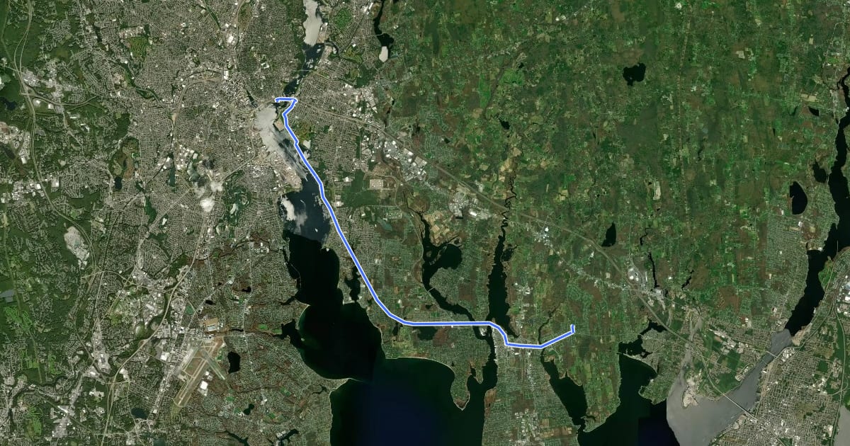 Маршрут East Coast Greenway (RI complementary Cape Cod route) на спутниковом снимке