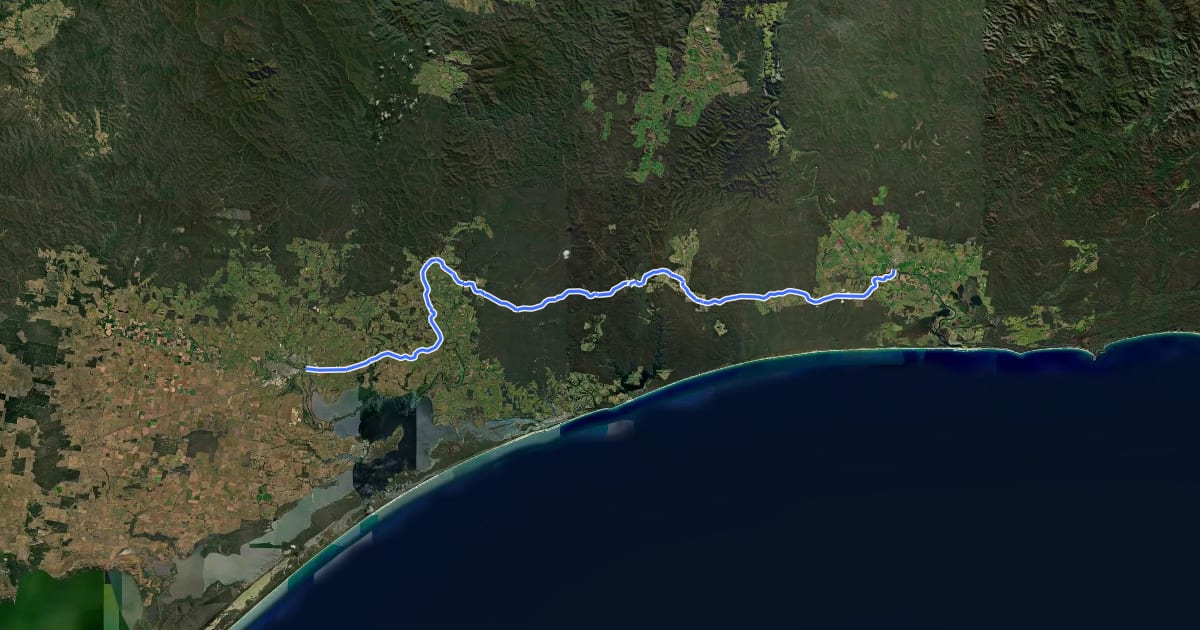 Маршрут East Gippsland Rail Trail на спутниковом снимке