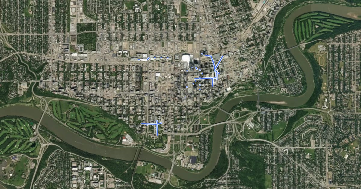 Маршрут Edmonton Pedway Network на спутниковом снимке