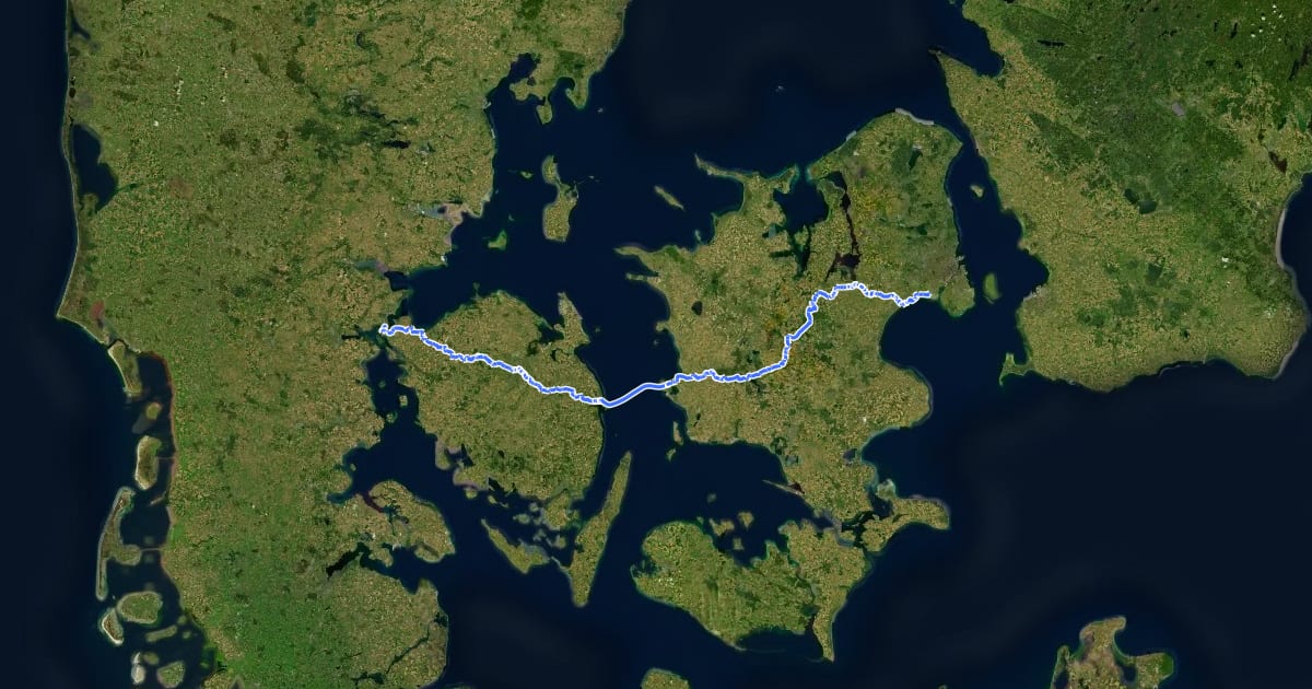 Маршрут Esbjerg–København на спутниковом снимке