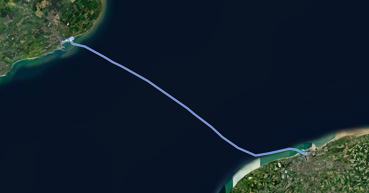 Маршрут European walking route E2, UK, Dover-Calais ferry на спутниковом снимке