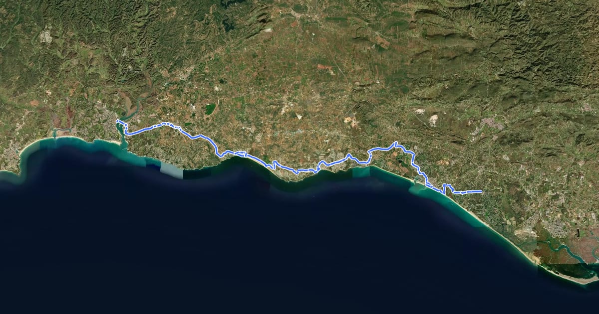 Маршрут EuroVelo 1 - Atlantic Coast Route - part Portugal 2 на спутниковом снимке