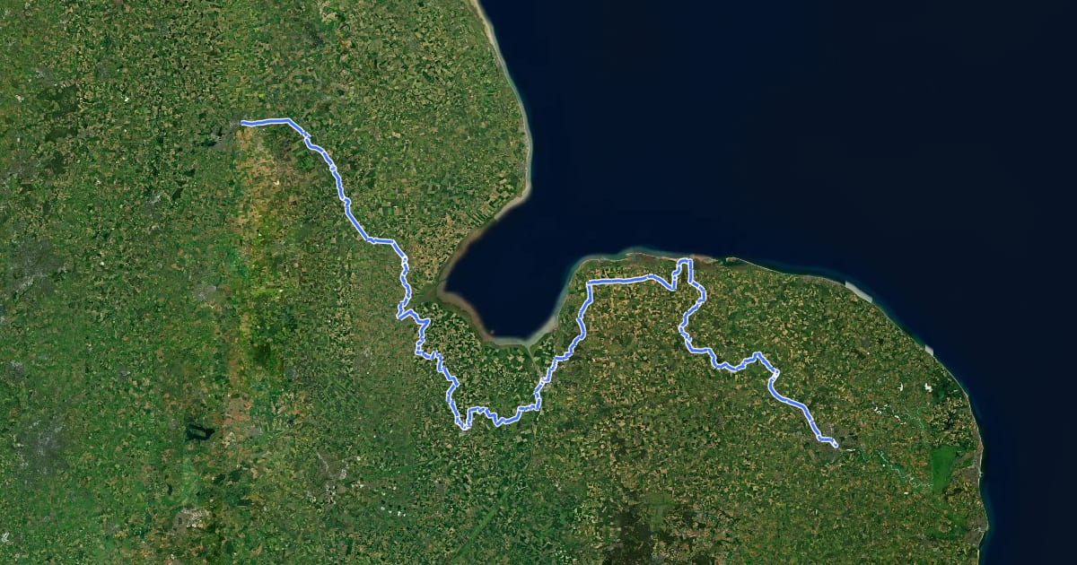 Маршрут EuroVelo 12 - North Sea Cycle Route - part United Kingdom 2 на спутниковом снимке