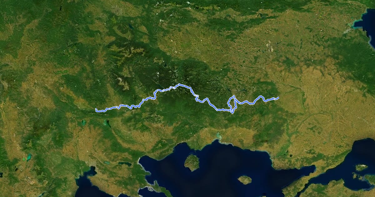 Маршрут EuroVelo 13 - Iron Curtain Trail - part Bulgaria South на спутниковом снимке