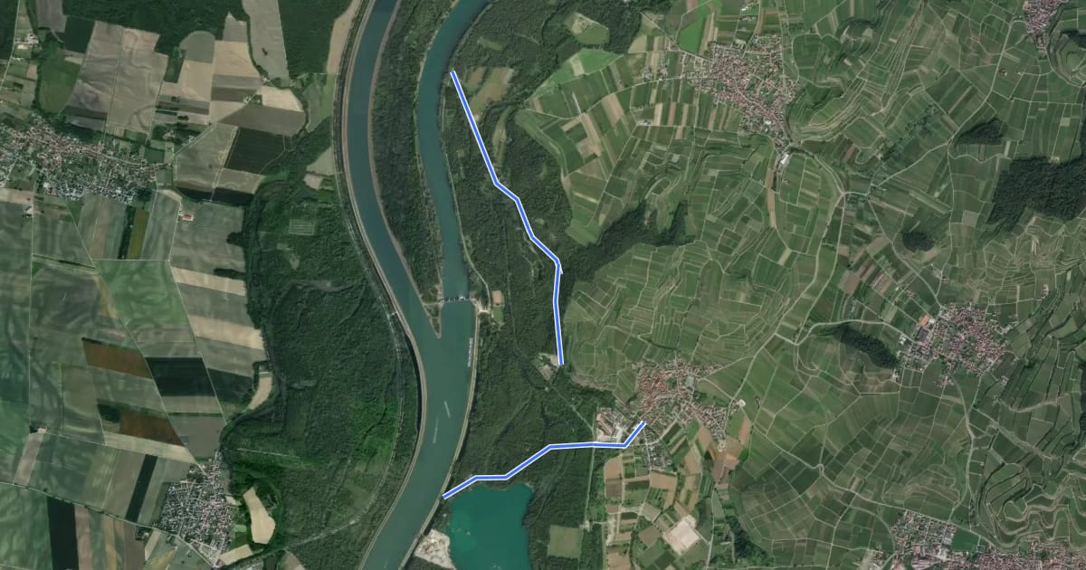 Маршрут EuroVelo 15 - Rheinradweg - Variante Burkheim на спутниковом снимке