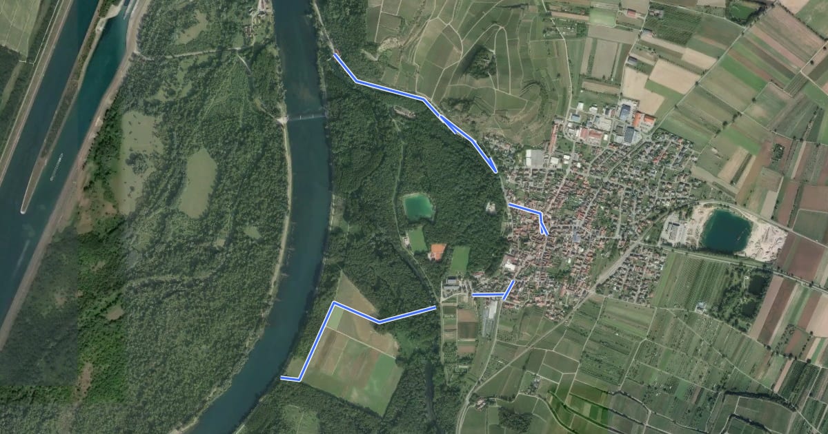 Маршрут EuroVelo 15 - Rheinradweg - Variante Sasbach на спутниковом снимке