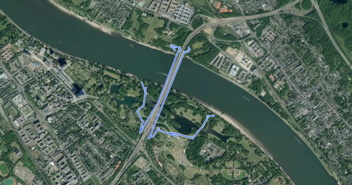 Маршрут EuroVelo 15 - Rheinradweg - Verbindung Bonn Konrad-Adenauer-Brücke на спутниковом снимке